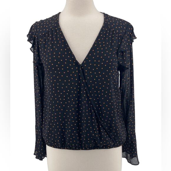 Sanctuary Womens Black Rust Polka Dot Surplice Front Ruffle Blouse Size Medium - Picture 1 of 9
